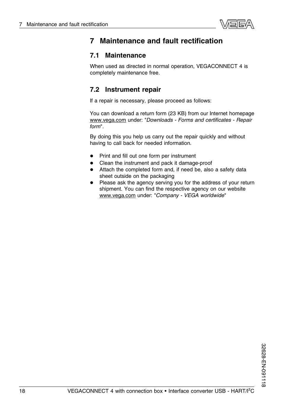 7 maintenance and fault rectification, 1 maintenance, 2 instrument repair | 7 maintenance and fault rectiﬁcation | VEGA VEGACONNECT 4 User Manual | Page 18 / 24