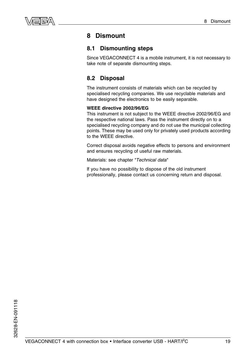 8 dismount, 1 dismounting steps, 2 disposal | VEGA VEGACONNECT 4 User Manual | Page 19 / 24