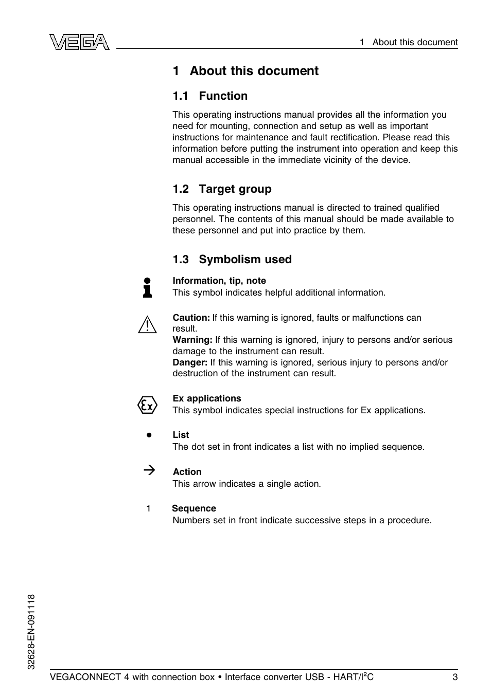 1 about this document, 1 function, 2 target group | 3 symbolism used | VEGA VEGACONNECT 4 User Manual | Page 3 / 24