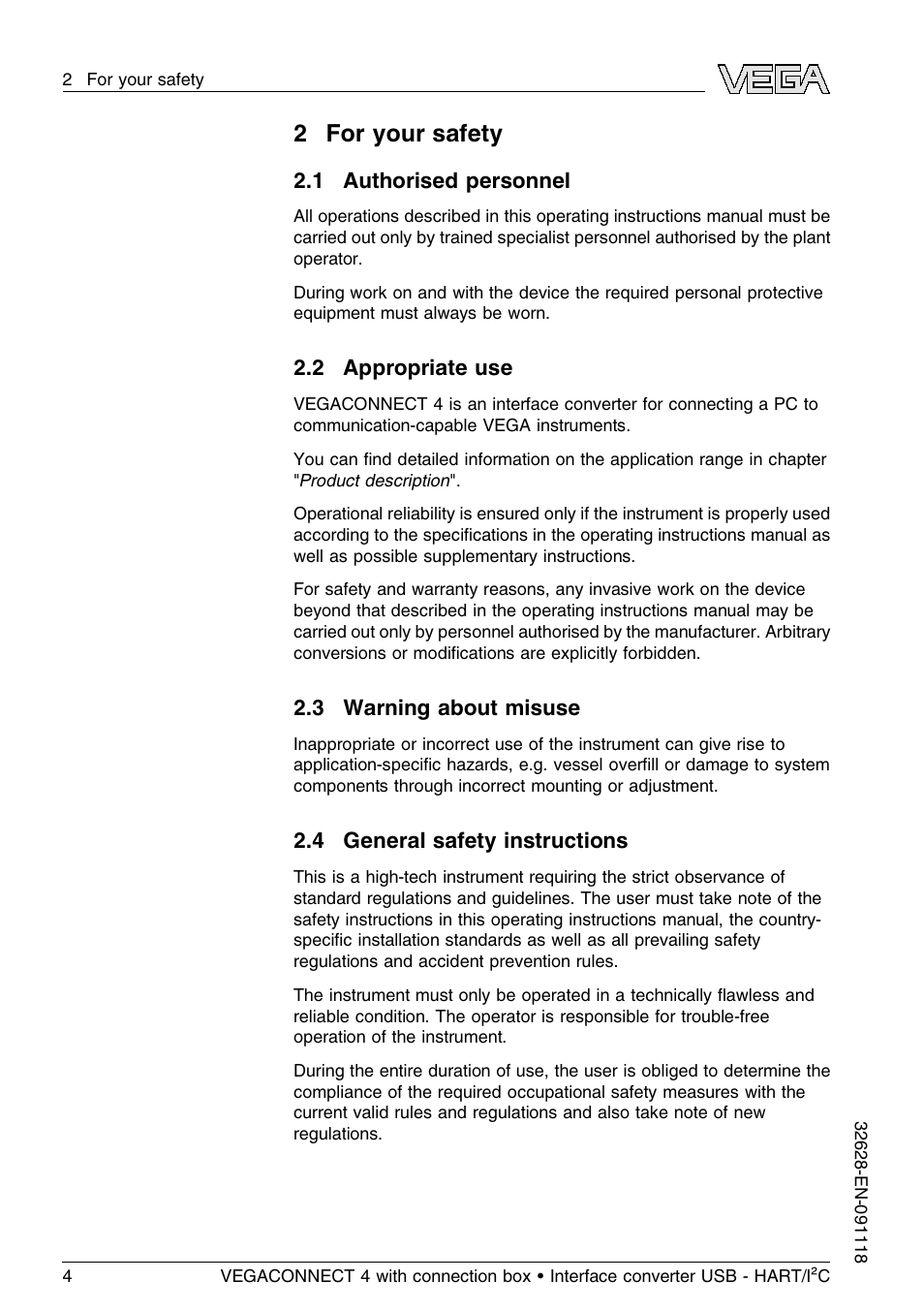 2 for your safety, 1 authorised personnel, 2 appropriate use | 3 warning about misuse, 4 general safety instructions | VEGA VEGACONNECT 4 User Manual | Page 4 / 24