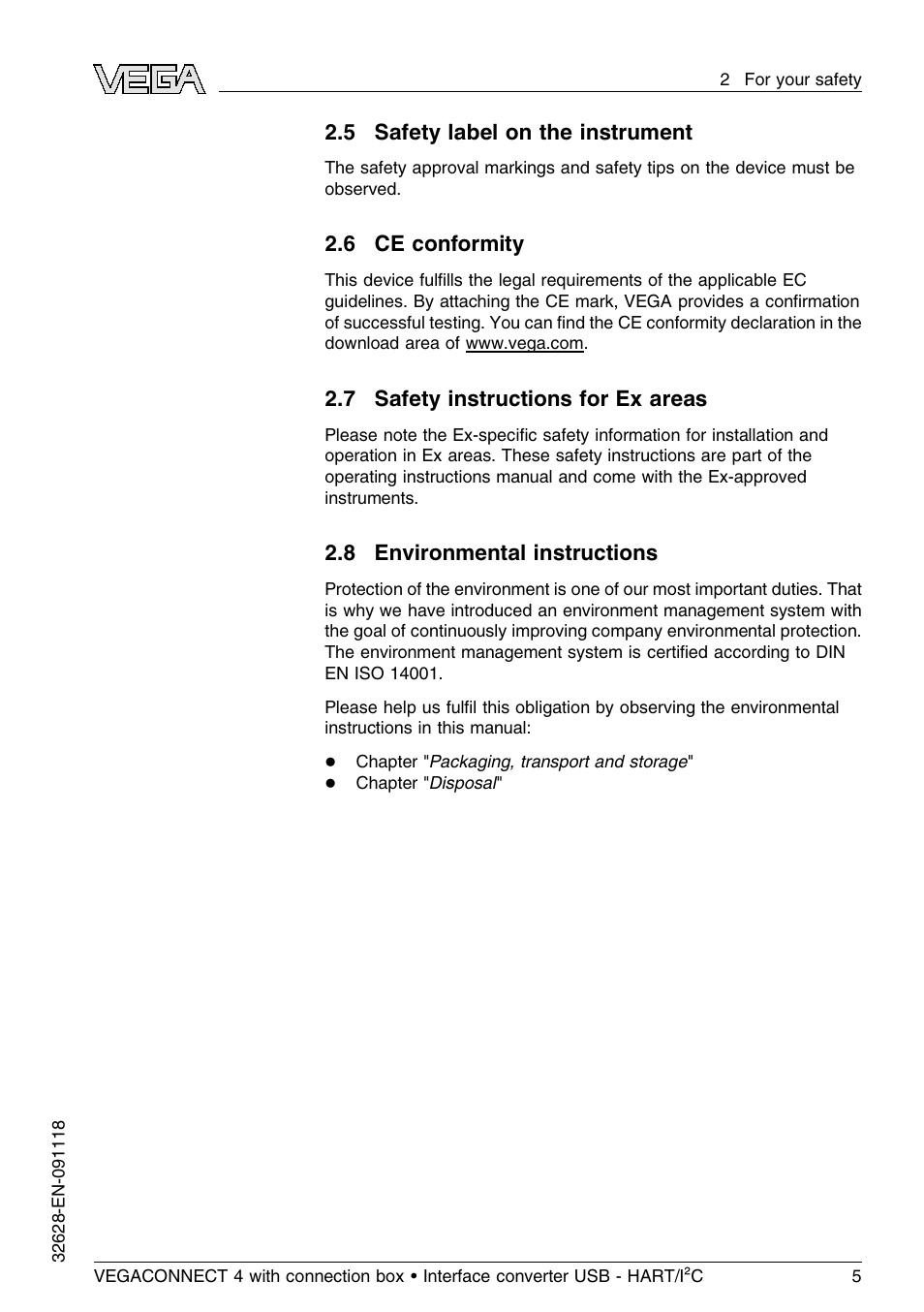 5 safety label on the instrument, 6 ce conformity, 7 safety instructions for ex areas | 8 environmental instructions | VEGA VEGACONNECT 4 User Manual | Page 5 / 24