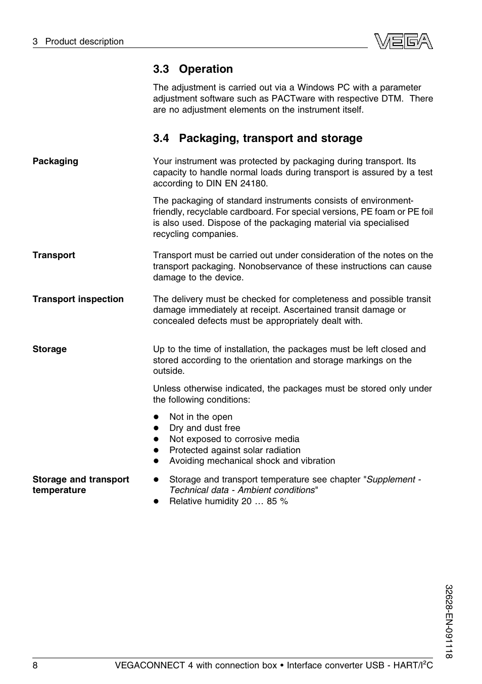 3 operation, 4 packaging, transport and storage | VEGA VEGACONNECT 4 User Manual | Page 8 / 24