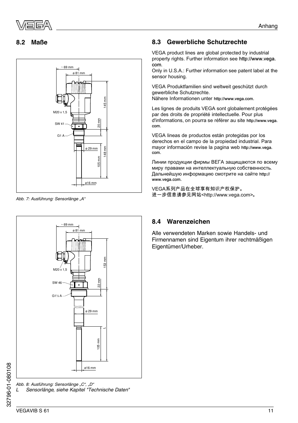 2 maße, 3 gewerbliche schutzrechte, 4 warenzeichen | VEGA VEGAVIB S 61 User Manual | Page 11 / 48