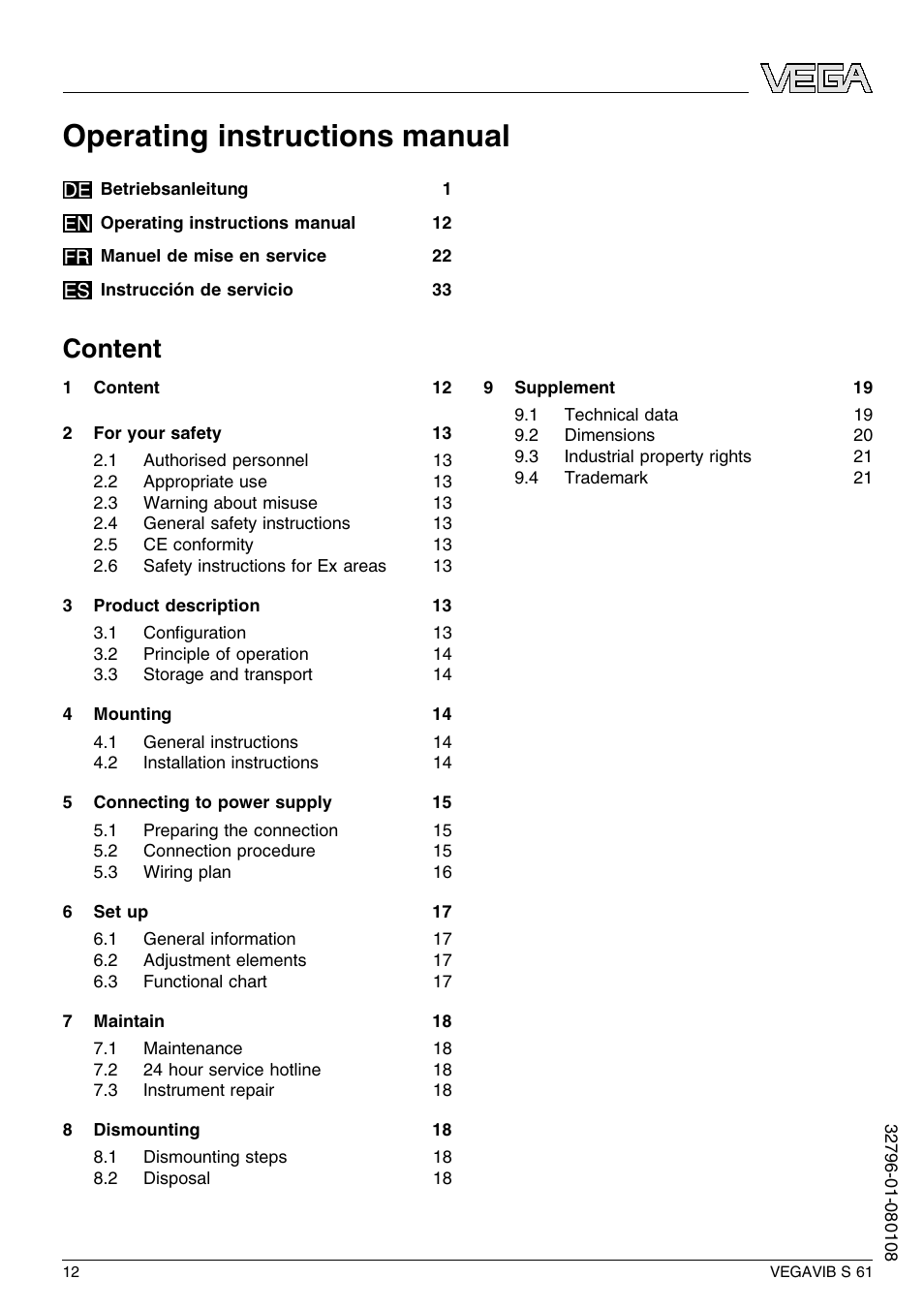 Content, Operating instructions manual | VEGA VEGAVIB S 61 User Manual | Page 12 / 48