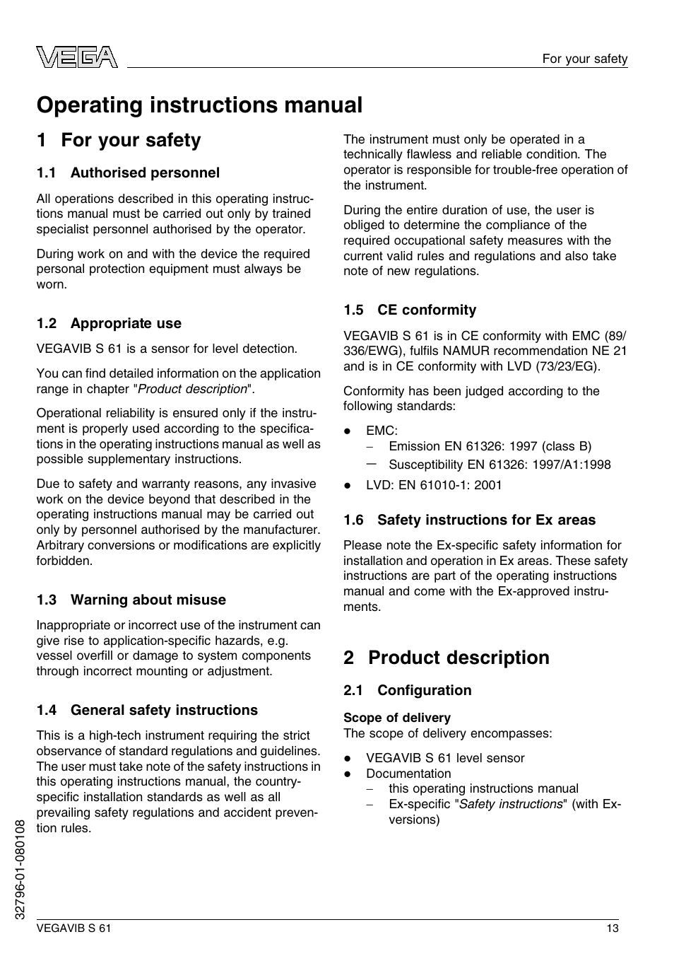 1 for your safety, 1 authorised personnel, 2 appropriate use | 3 warning about misuse, 4 general safety instructions, 5 ce conformity, 6 safety instructions for ex areas, 2 product description, 1 configuration, Operating instructions manual | VEGA VEGAVIB S 61 User Manual | Page 13 / 48
