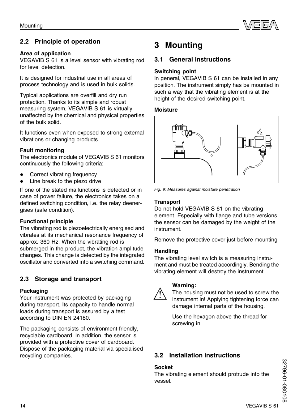 2 principle of operation, 3 storage and transport, 3 mounting | 1 general instructions, 2 installation instructions, 3 m ounting | VEGA VEGAVIB S 61 User Manual | Page 14 / 48