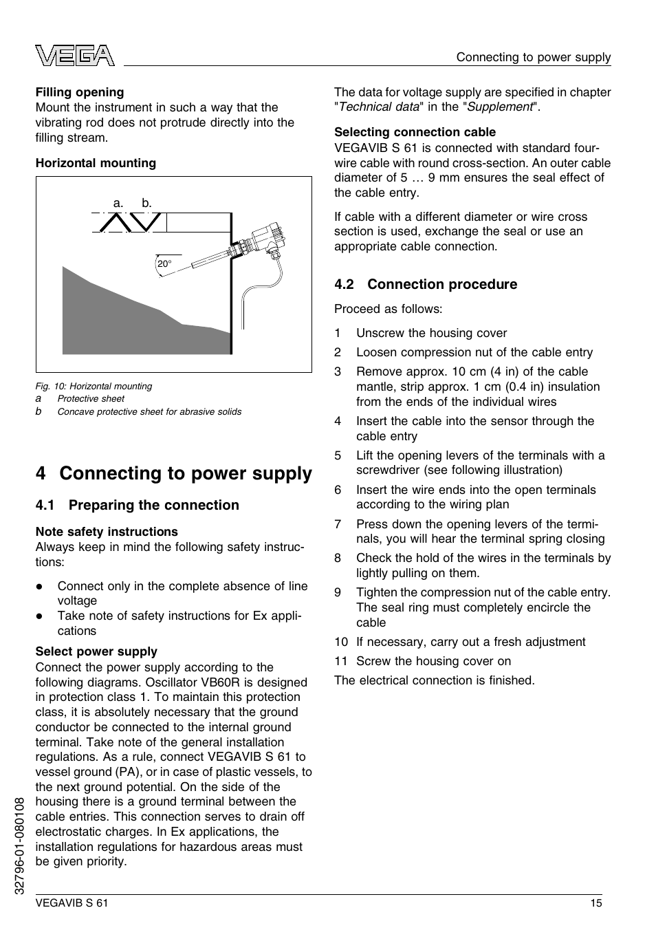 4 connecting to power supply, 1 preparing the connection, 2 connection procedure | 4 c onnecting to power supply | VEGA VEGAVIB S 61 User Manual | Page 15 / 48