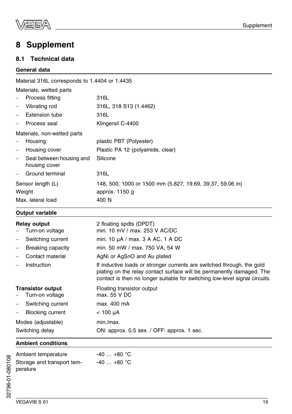 8 supplement, 1 technical data, 8 s upplement | VEGA VEGAVIB S 61 User Manual | Page 19 / 48