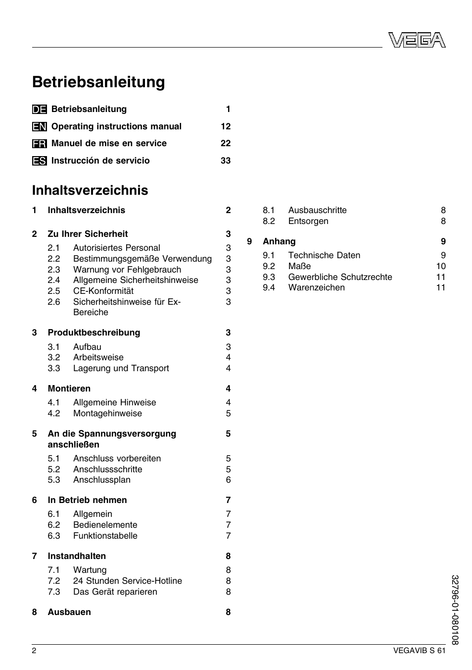 VEGA VEGAVIB S 61 User Manual | Page 2 / 48