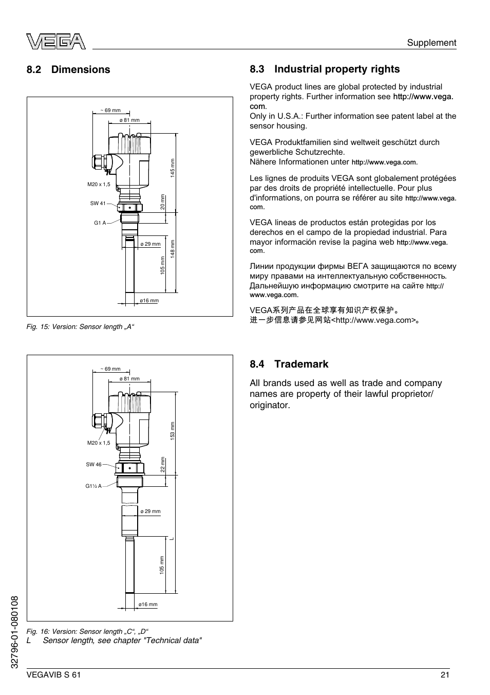 2 dimensions, 3 industrial property rights, 4 trademark | VEGA VEGAVIB S 61 User Manual | Page 21 / 48