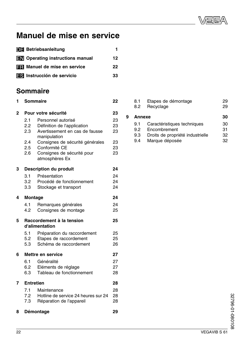 Sommaire, Manuel de mise en service | VEGA VEGAVIB S 61 User Manual | Page 22 / 48