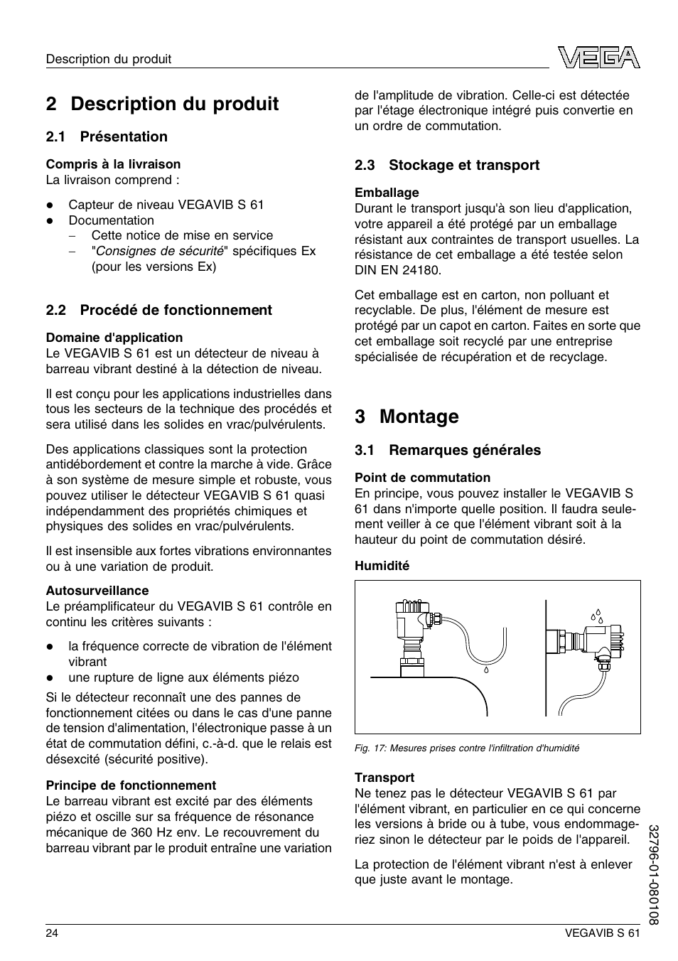 2 description du produit, 1 présentation, 2 procédé de fonctionnement | 3 stockage et transport, 3 montage, 1 remarques générales, 2 d escription du produit, 3 m ontage | VEGA VEGAVIB S 61 User Manual | Page 24 / 48