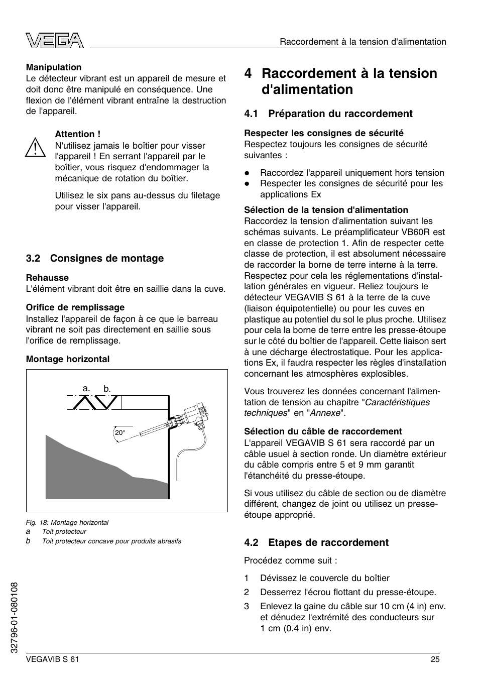 2 consignes de montage, 4 raccordement à la tension d'alimentation, 1 préparation du raccordement | 2 etapes de raccordement, 4 r accordement à la tension d'alimentation | VEGA VEGAVIB S 61 User Manual | Page 25 / 48