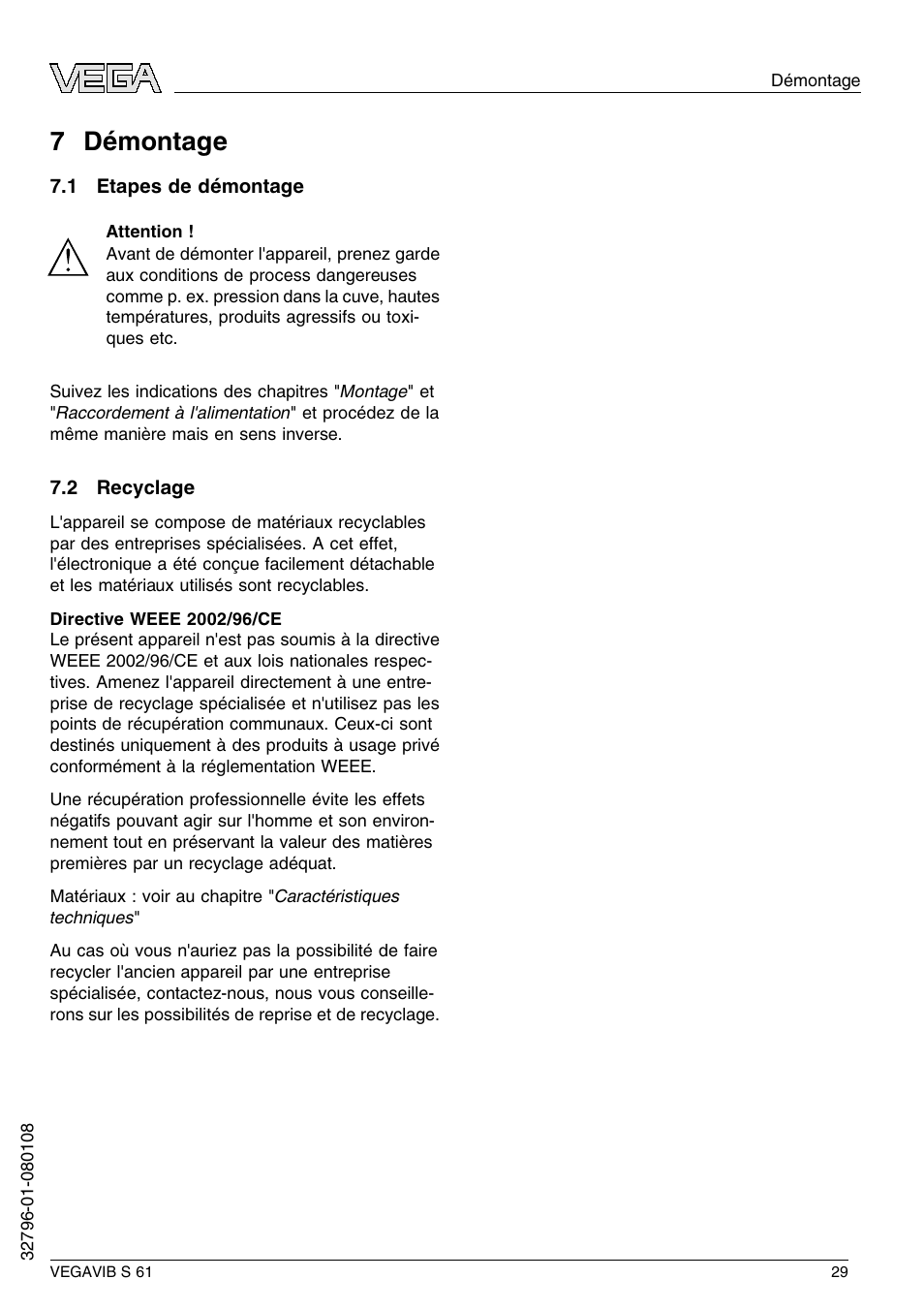 7 démontage, 1 etapes de démontage, 2 recyclage | 7 d émontage | VEGA VEGAVIB S 61 User Manual | Page 29 / 48