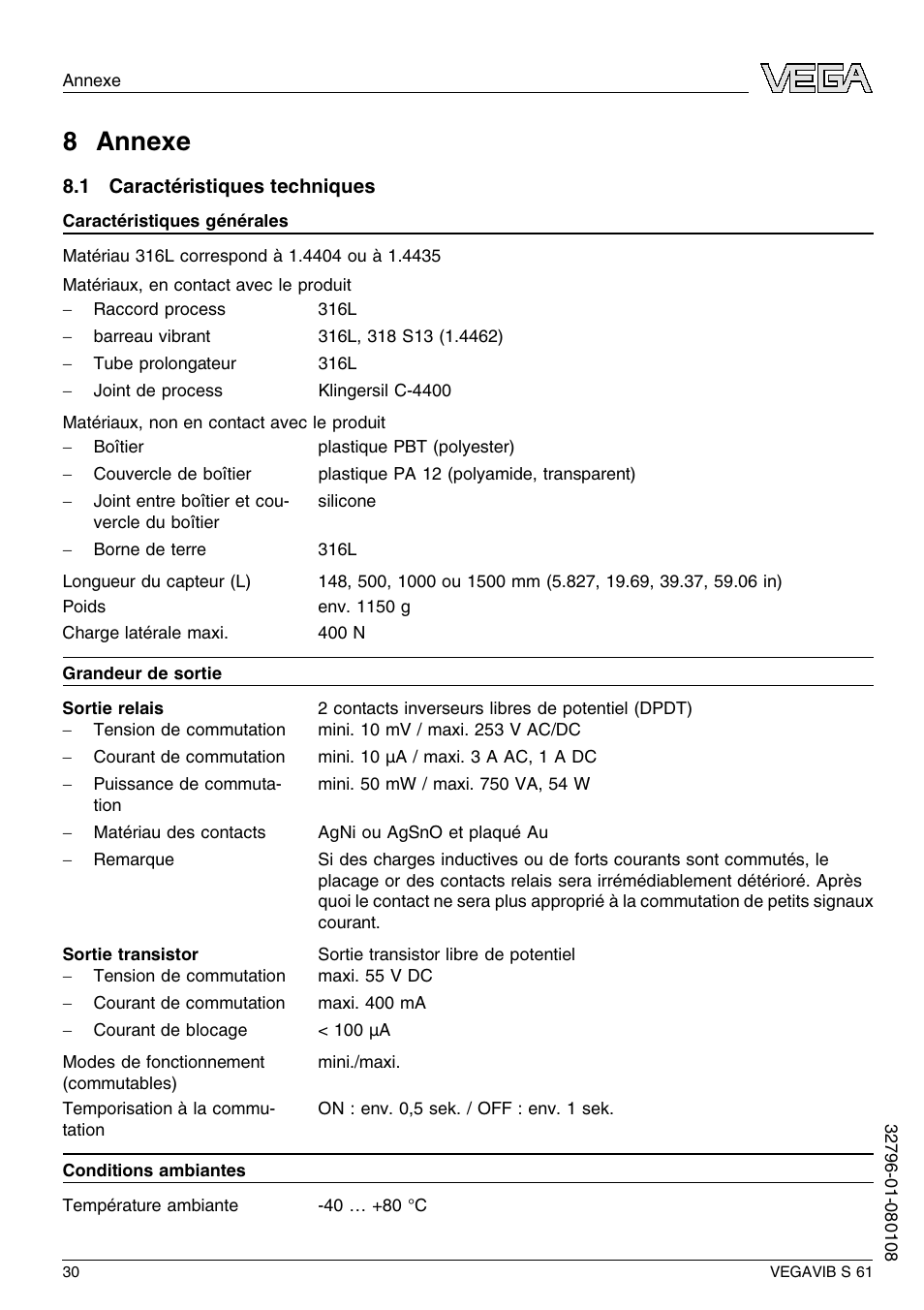 8 annexe, 1 caractéristiques techniques, 8 a nnexe | VEGA VEGAVIB S 61 User Manual | Page 30 / 48