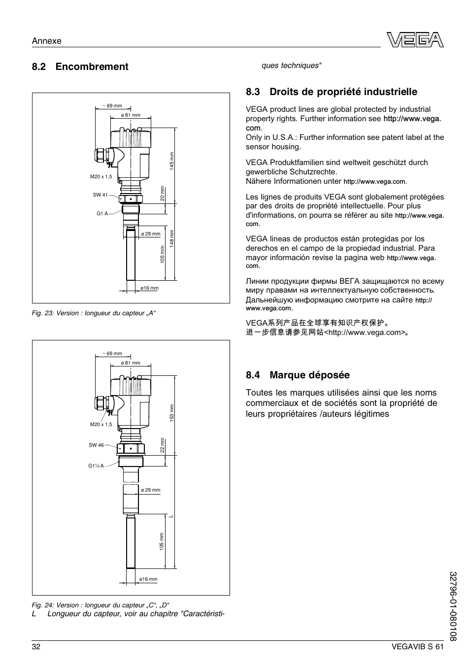 2 encombrement, 3 droits de propriété industrielle, 4 marque déposée | VEGA VEGAVIB S 61 User Manual | Page 32 / 48