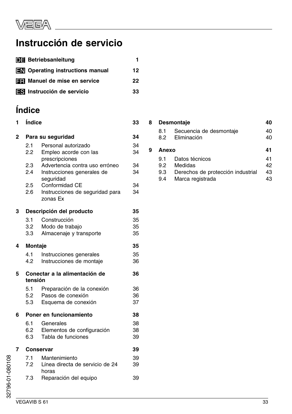 Índice, Instrucción de servicio | VEGA VEGAVIB S 61 User Manual | Page 33 / 48