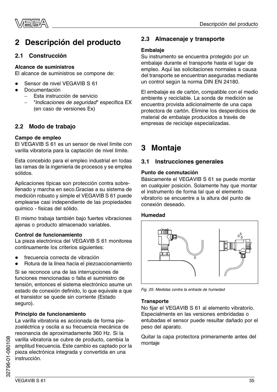 2 descripción del producto, 1 construcción, 2 modo de trabajo | 3 almacenaje y transporte, 3 montaje, 1 instrucciones generales, 2 d escripción del producto, 3 m ontaje | VEGA VEGAVIB S 61 User Manual | Page 35 / 48