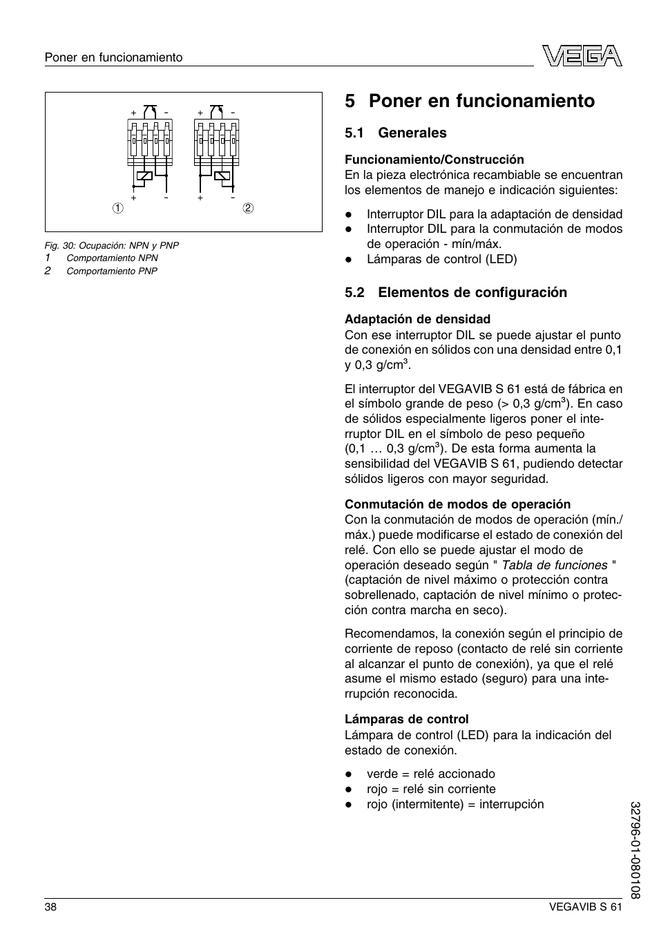 5 poner en funcionamiento, 1 generales, 2 elementos de configuración | 5 p oner en funcionamiento | VEGA VEGAVIB S 61 User Manual | Page 38 / 48