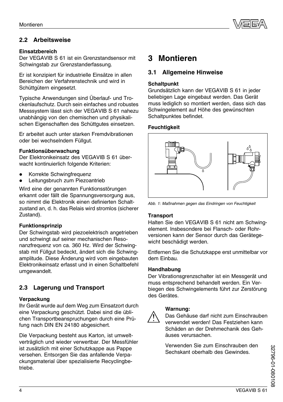 2 arbeitsweise, 3 lagerung und transport, 3 montieren | 1 allgemeine hinweise, 3 m ontieren | VEGA VEGAVIB S 61 User Manual | Page 4 / 48