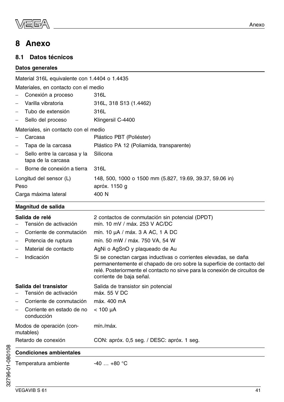 8 anexo, 1 datos técnicos, 8 a nexo | VEGA VEGAVIB S 61 User Manual | Page 41 / 48