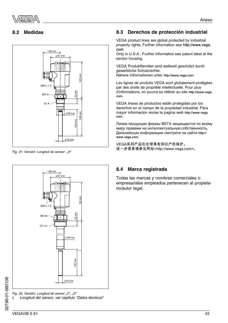 2 medidas, 3 derechos de protección industrial, 4 marca registrada | VEGA VEGAVIB S 61 User Manual | Page 43 / 48