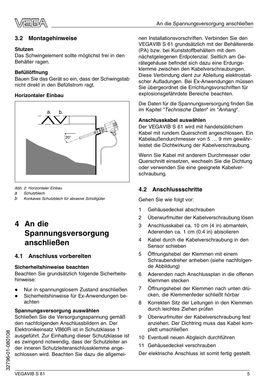 2 montagehinweise, 4 an die spannungsversorgung anschließen, 1 anschluss vorbereiten | 2 anschlussschritte, 4 a n die spannungsversorgung anschließen | VEGA VEGAVIB S 61 User Manual | Page 5 / 48