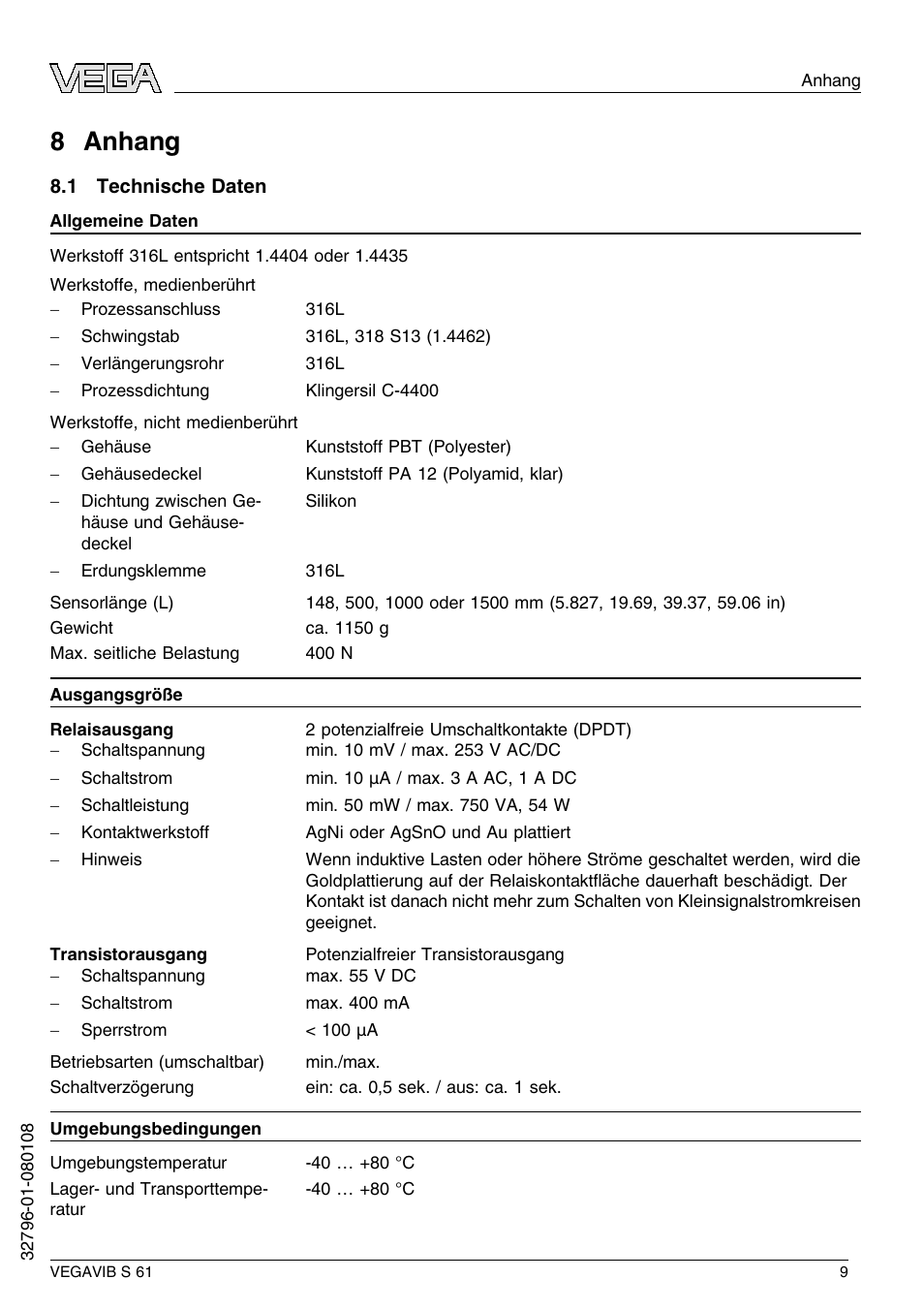 8 anhang, 1 technische daten, 8 a nhang | VEGA VEGAVIB S 61 User Manual | Page 9 / 48