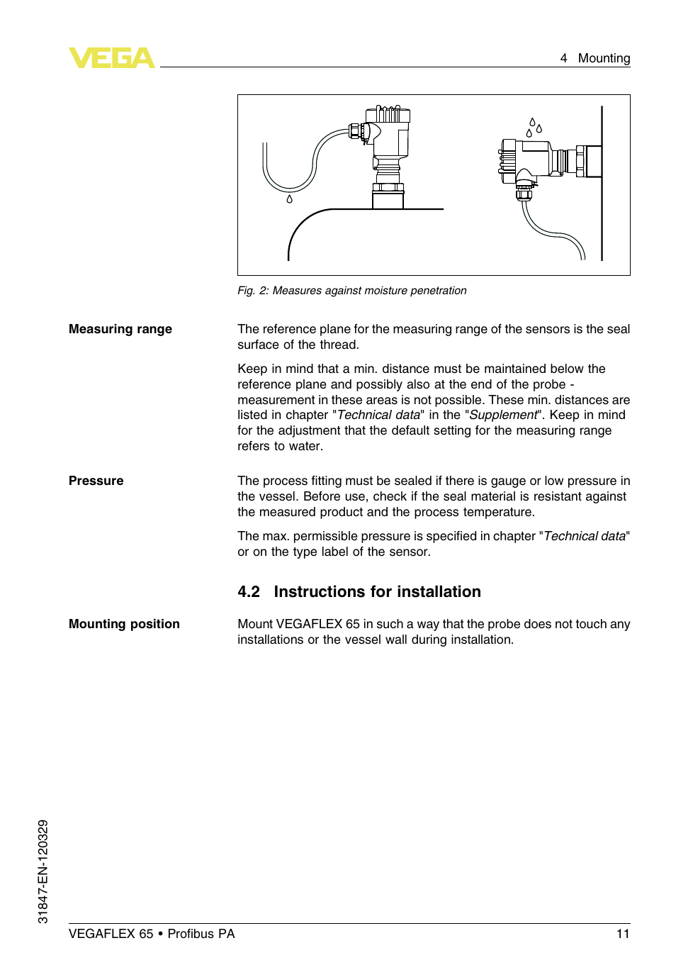 2 instructions for installation | VEGA VEGAFLEX 65 Profibus PA User Manual | Page 11 / 56