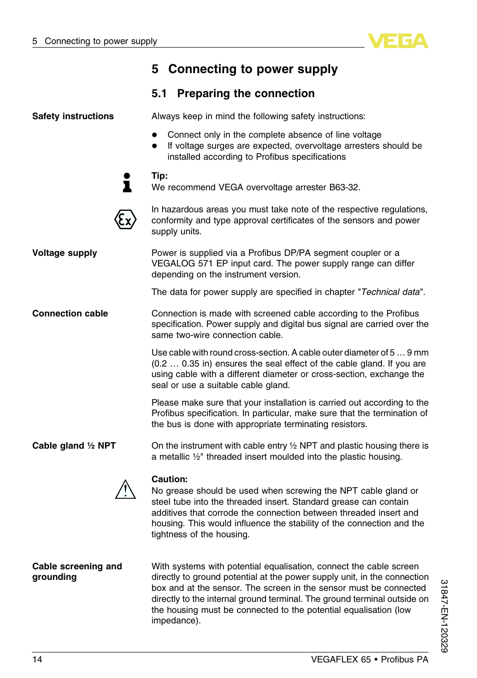 5 connecting to power supply, 1 preparing the connection | VEGA VEGAFLEX 65 Profibus PA User Manual | Page 14 / 56