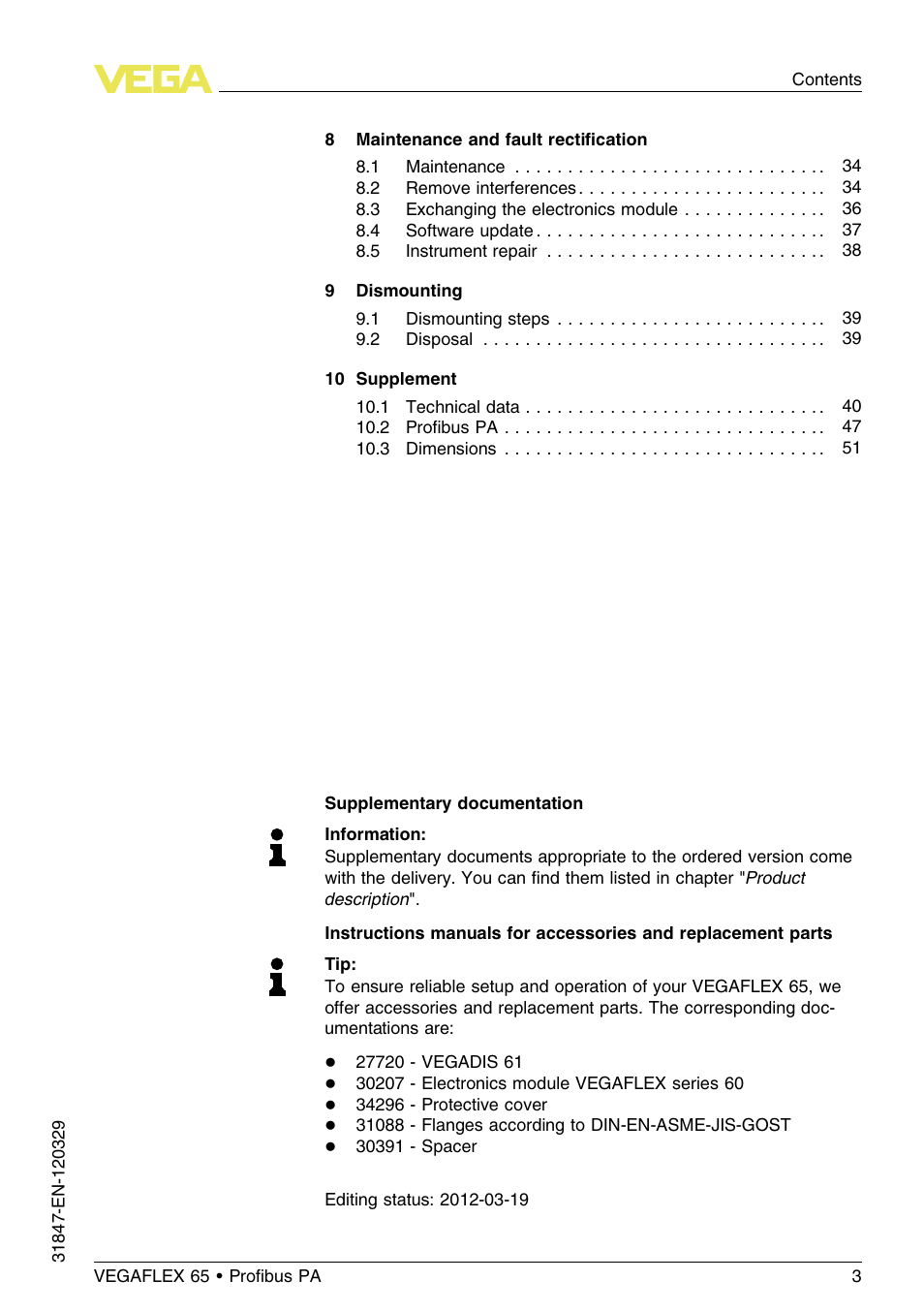 VEGA VEGAFLEX 65 Profibus PA User Manual | Page 3 / 56