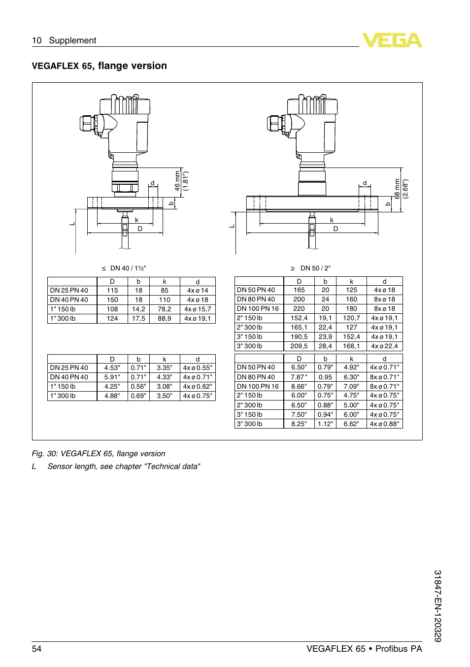 FLange version, Vegaflex 65 | VEGA VEGAFLEX 65 Profibus PA User Manual | Page 54 / 56