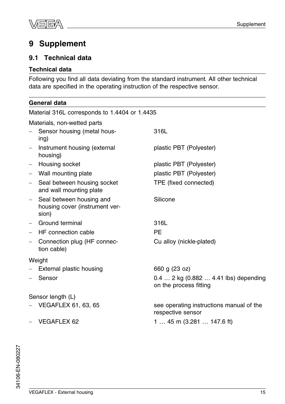 9 supplement, 1 technical data, 9 s upplement | VEGA VEGAFLEX series 60 - External housing User Manual | Page 15 / 20