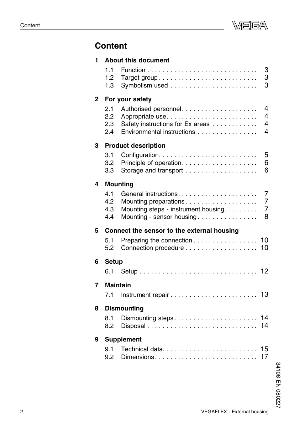 Content | VEGA VEGAFLEX series 60 - External housing User Manual | Page 2 / 20