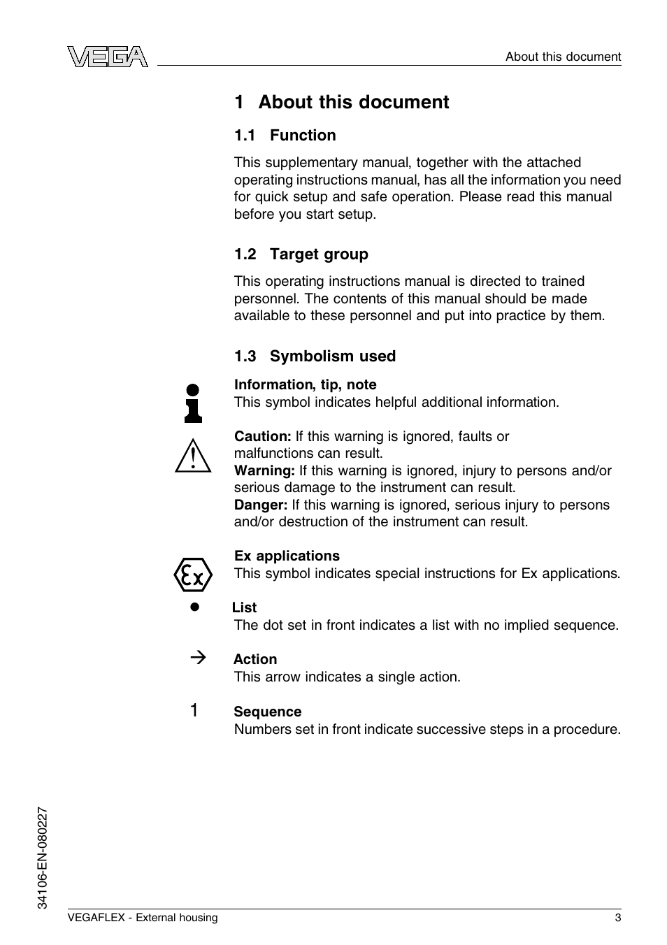 1 about this document, 1 function, 2 target group | 3 symbolism used, 1 a bout this document | VEGA VEGAFLEX series 60 - External housing User Manual | Page 3 / 20