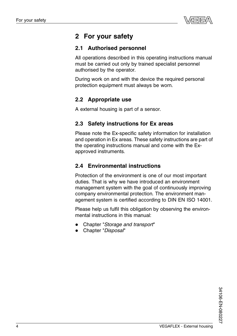 2 for your safety, 1 authorised personnel, 2 appropriate use | 3 safety instructions for ex areas, 4 environmental instructions, 2 f or your safety | VEGA VEGAFLEX series 60 - External housing User Manual | Page 4 / 20
