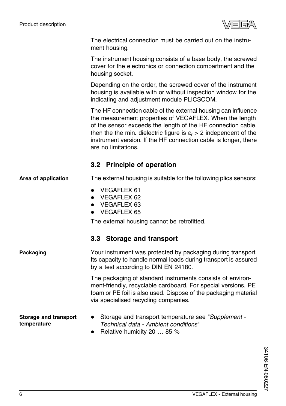 2 principle of operation, 3 storage and transport | VEGA VEGAFLEX series 60 - External housing User Manual | Page 6 / 20