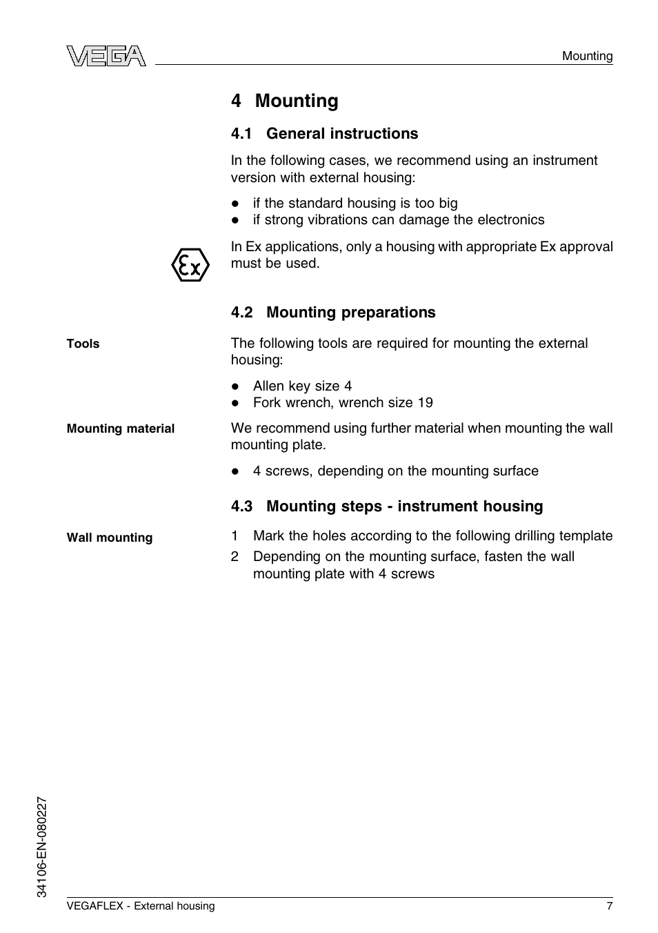 4 mounting, 1 general instructions, 2 mounting preparations | 3 mounting steps – instrument housing, 4 m ounting | VEGA VEGAFLEX series 60 - External housing User Manual | Page 7 / 20