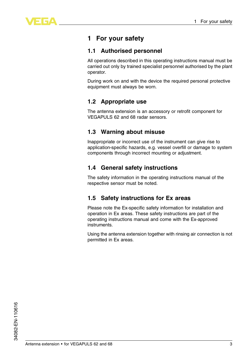 1 for your safety, 1 authorised personnel, 2 appropriate use | 3 warning about misuse, 4 general safety instructions, 5 safety instructions for ex areas, 1for your safety | VEGA VEGAPULS 68 Antenna extension User Manual | Page 3 / 20