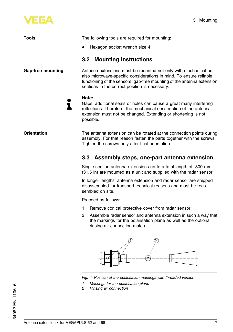 2 mounting instructions, 3 assembly steps, one–part antenna extension, 2 m ounting instructions | 3 a ssembly steps, one-part antenna extension | VEGA VEGAPULS 68 Antenna extension User Manual | Page 7 / 20