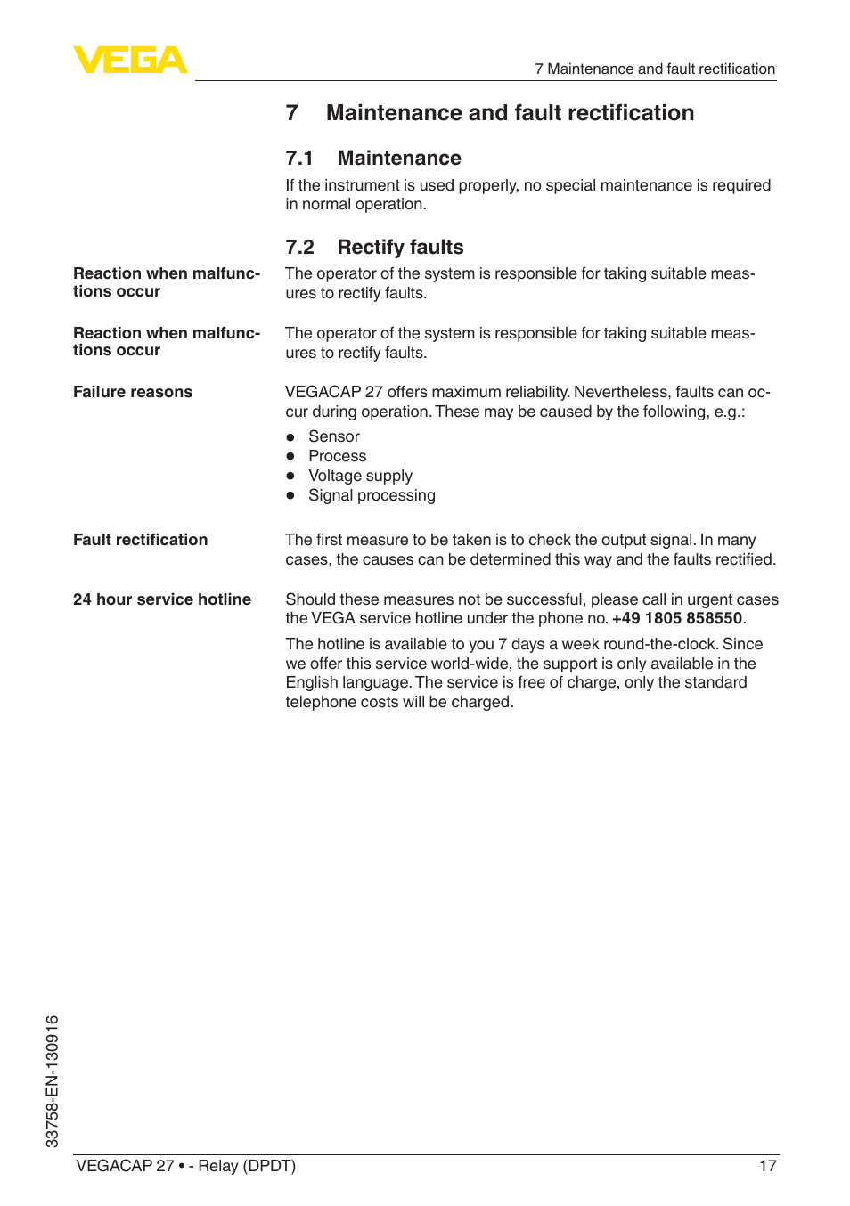 7 maintenance and fault rectification, 1 maintenance, 2 rectify faults | VEGA VEGACAP 27 - Relay (DPDT) User Manual | Page 17 / 32