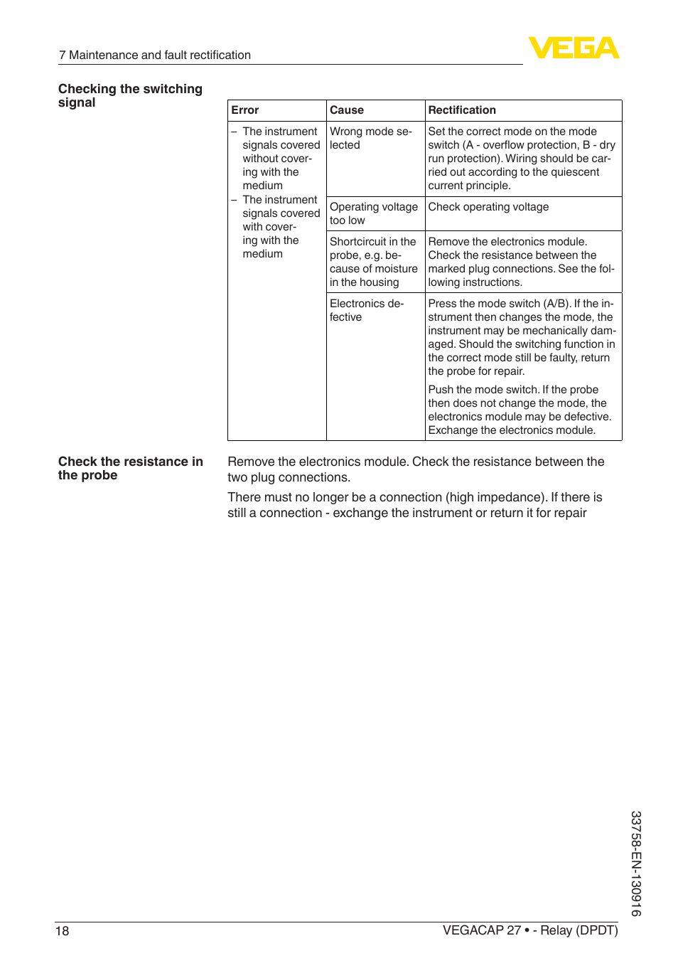 VEGA VEGACAP 27 - Relay (DPDT) User Manual | Page 18 / 32