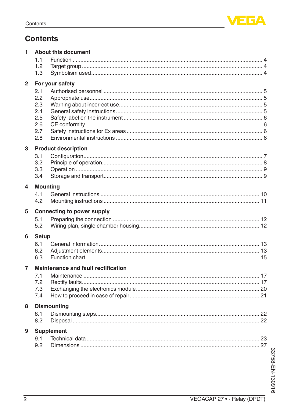 VEGA VEGACAP 27 - Relay (DPDT) User Manual | Page 2 / 32