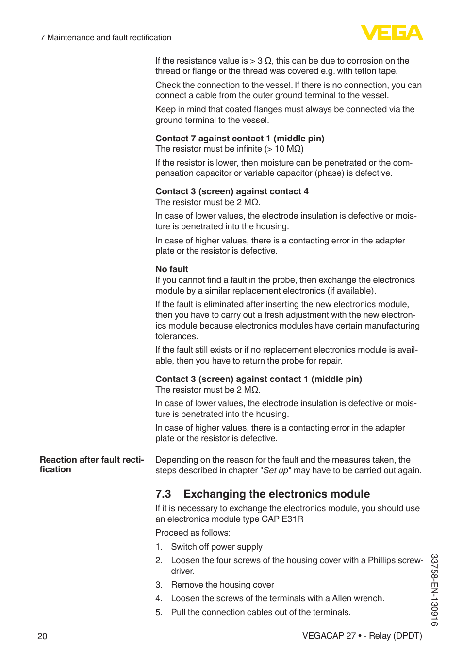 3 exchanging the electronics module | VEGA VEGACAP 27 - Relay (DPDT) User Manual | Page 20 / 32