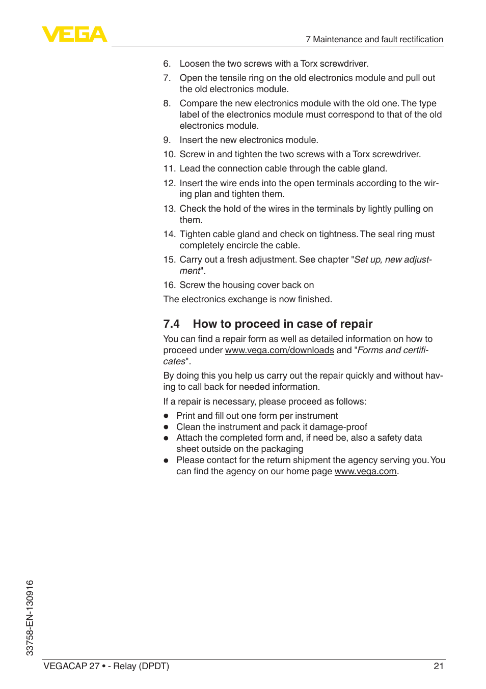 4 how to proceed in case of repair | VEGA VEGACAP 27 - Relay (DPDT) User Manual | Page 21 / 32