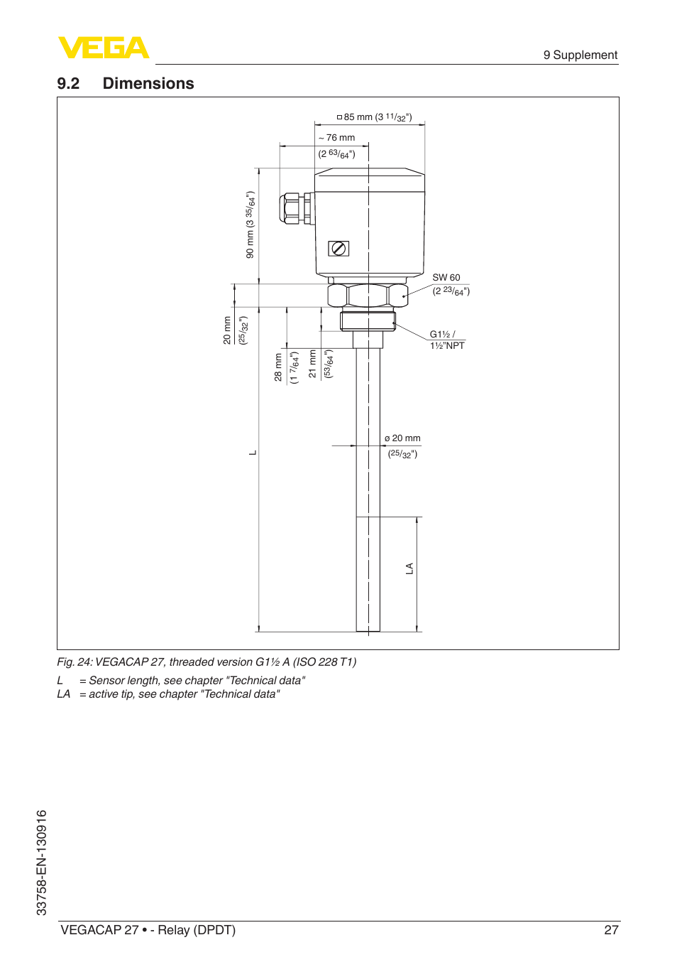 2 dimensions, 9 supplement | VEGA VEGACAP 27 - Relay (DPDT) User Manual | Page 27 / 32