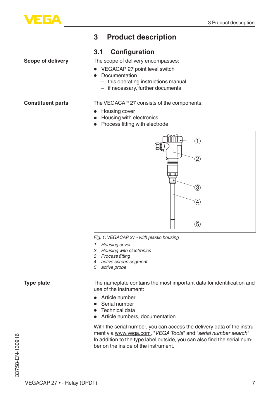 3 product description, 1 configuration | VEGA VEGACAP 27 - Relay (DPDT) User Manual | Page 7 / 32