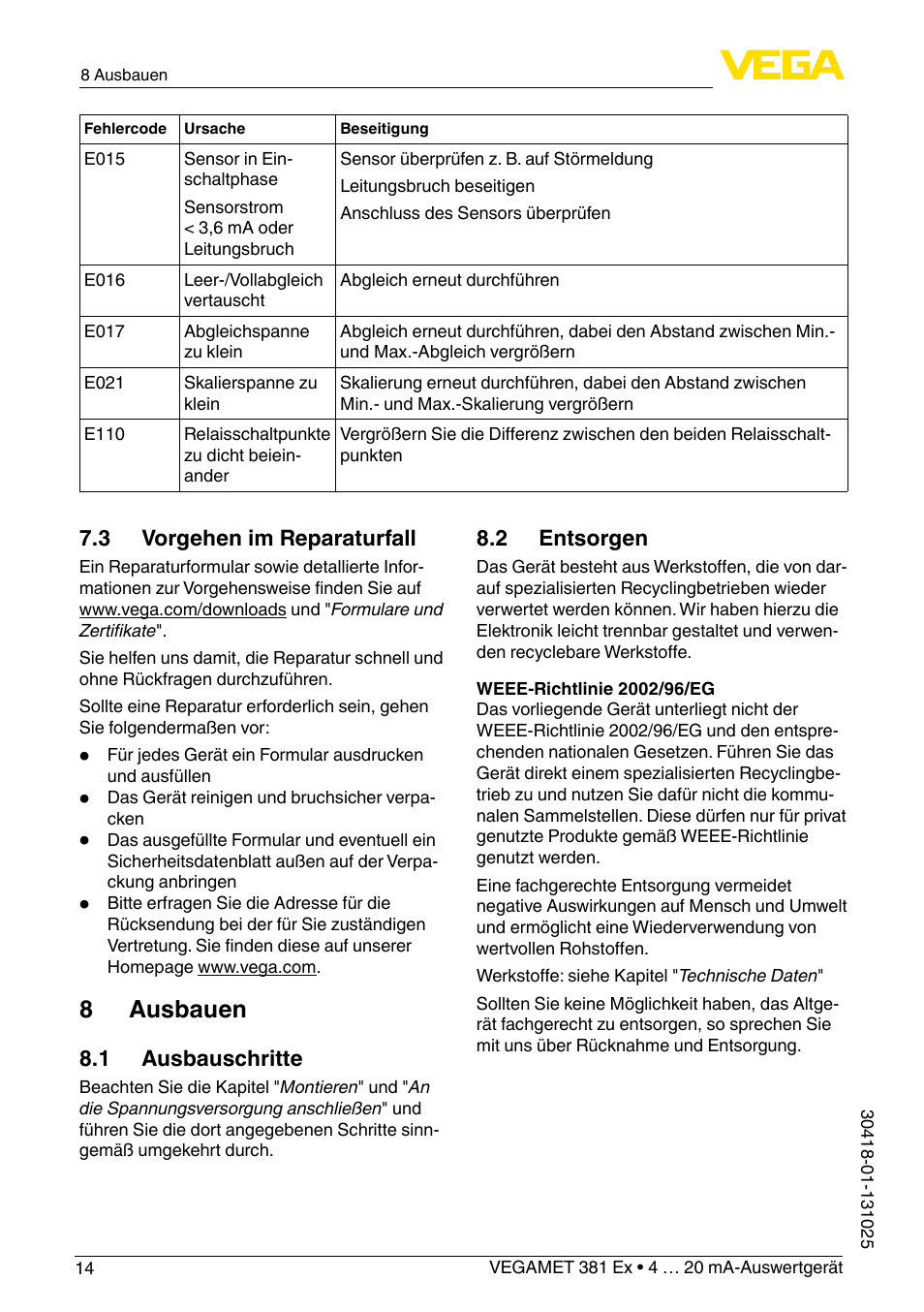 8 ausbauen | VEGA VEGAMET 381 Ex User Manual | Page 14 / 72