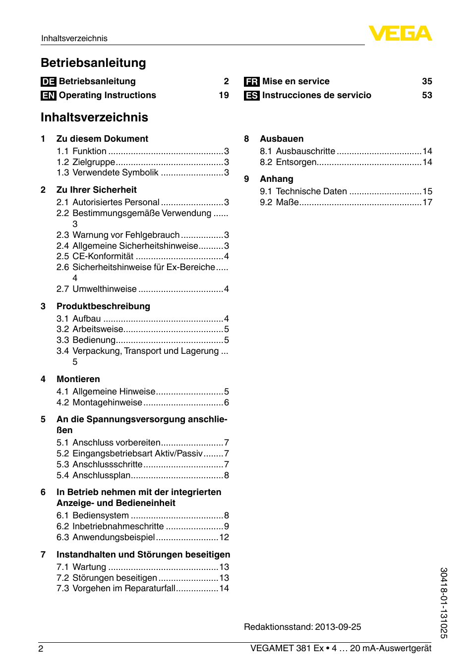 VEGA VEGAMET 381 Ex User Manual | Page 2 / 72