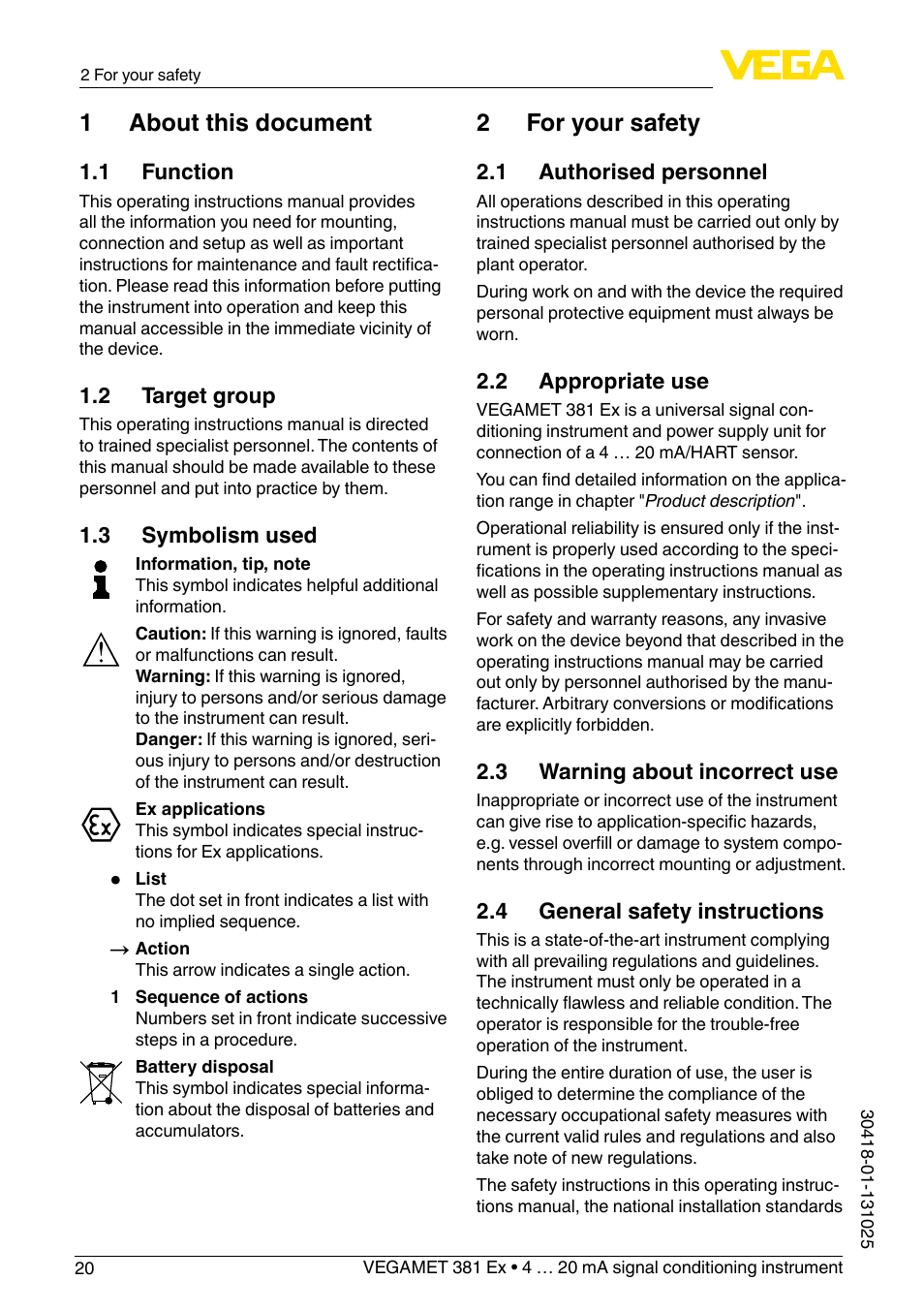 1 about this document, 2 for your safety | VEGA VEGAMET 381 Ex User Manual | Page 20 / 72